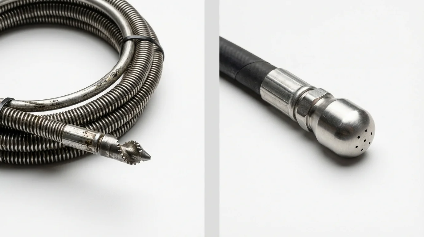 Drain snake cable and hydro jetting nozzle used for drain cleaning in Clayton, CA